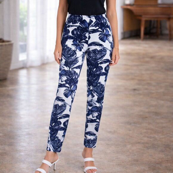 266342 Navy Floral Pull on Pant by FRANK LYMAN